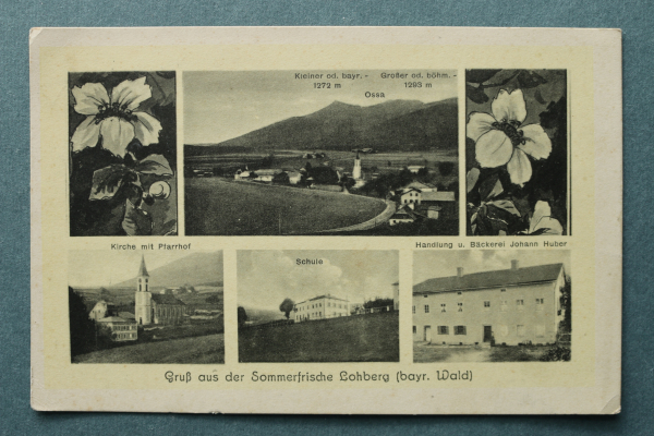 AK Gruss aus der Sommerfrische Lohberg / 1916 / Mehrbildkarte / Kirche mit Pfarrhof / Schule / handlung u Bäckerei Johann Huber